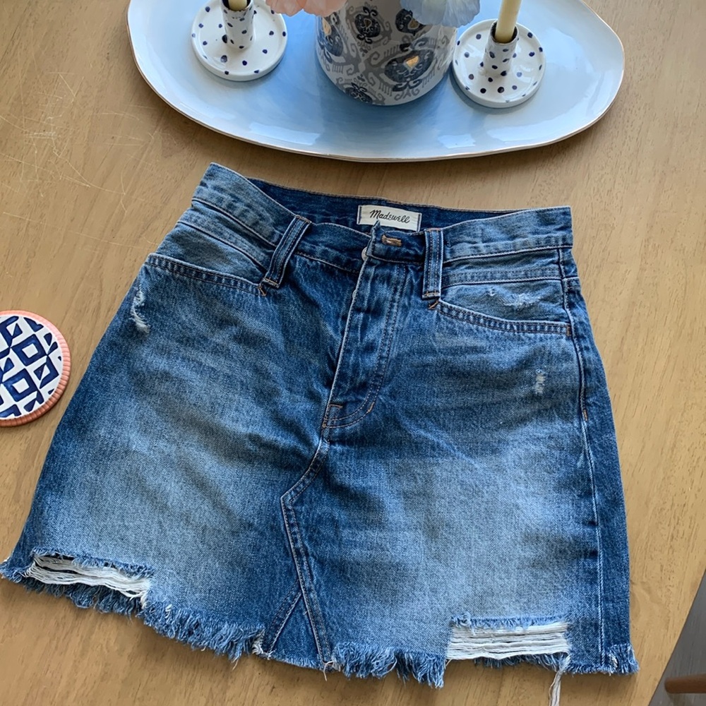 Madewell rigid denim A-line distressed skirt